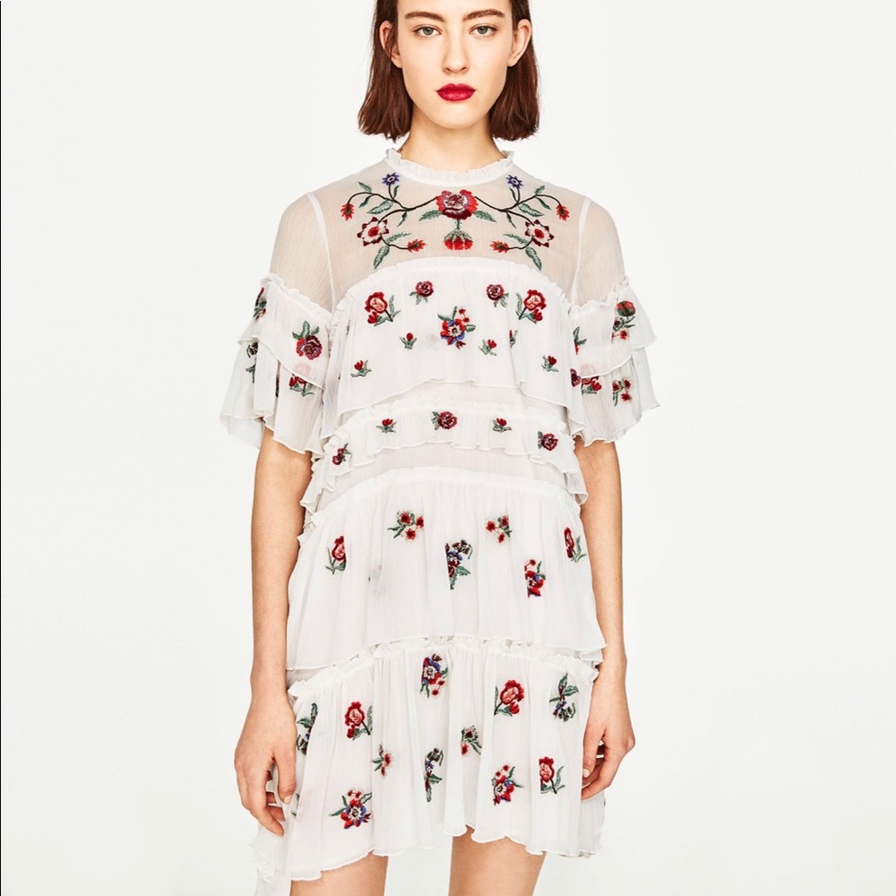 Zara white floral embroidered tiered dress